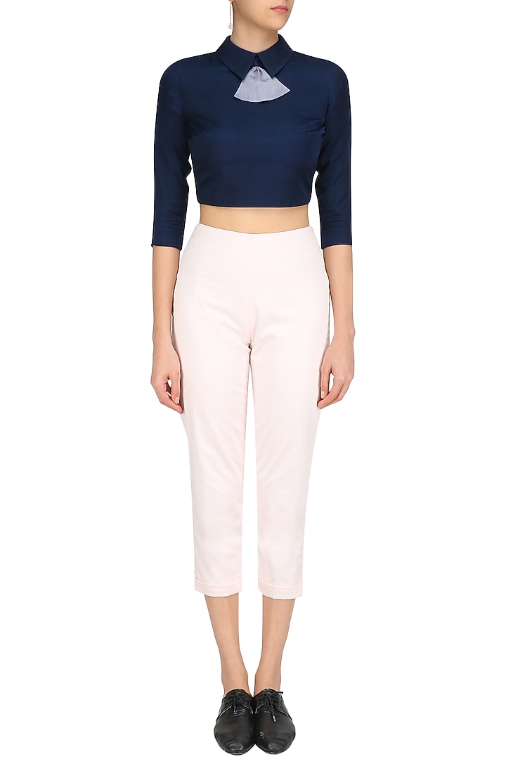 Navy blue peplum bow crop top with peter pan trouser pants available only at Pernia's Pop Up Shop.