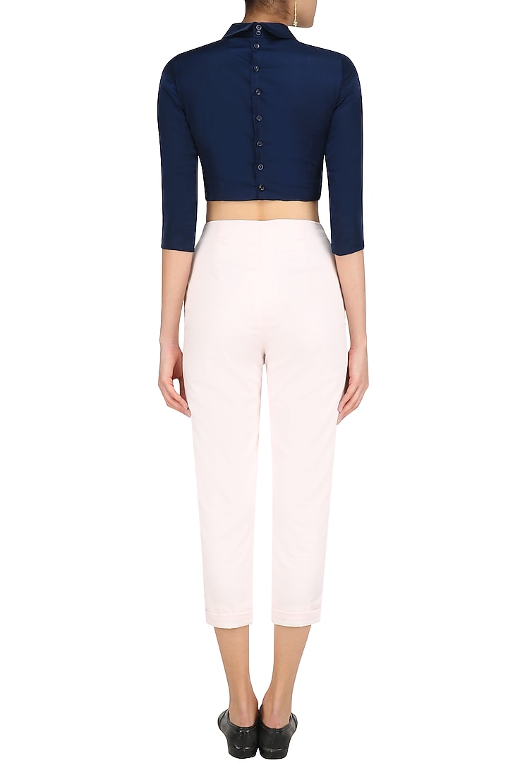 Navy blue peplum bow crop top with peter pan trouser pants available only at Pernia's Pop Up Shop.