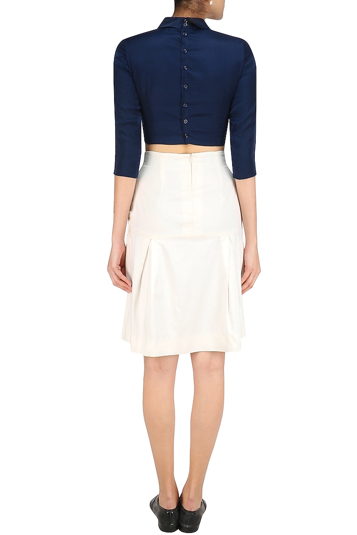 Navy blue peplum bow crop top and skirt set available only at Pernia's Pop Up Shop.
