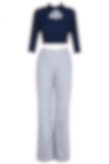 Navy Blue Peplum Bow Crop Top with Trouser Pants by The Circus by Sana Shah Bhattad