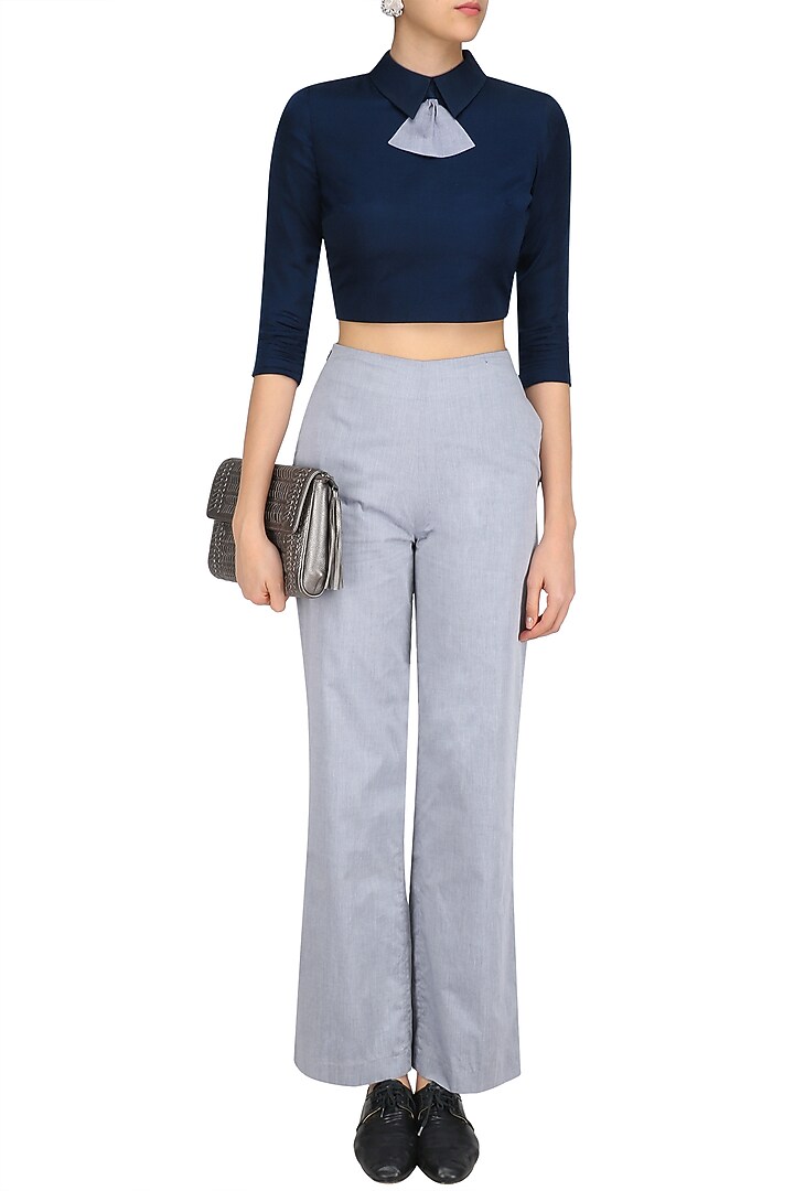 Navy blue peplum bow crop top with trouser pants available only at Pernia's Pop Up Shop.