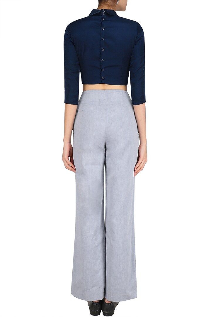 Navy blue peplum bow crop top with trouser pants available only at Pernia's Pop Up Shop.