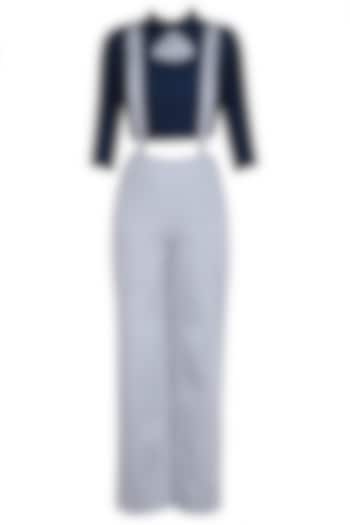 Navy Blue Peplum Bow Crop Top with Suspender Trouser Pants by The Circus by Sana Shah Bhattad