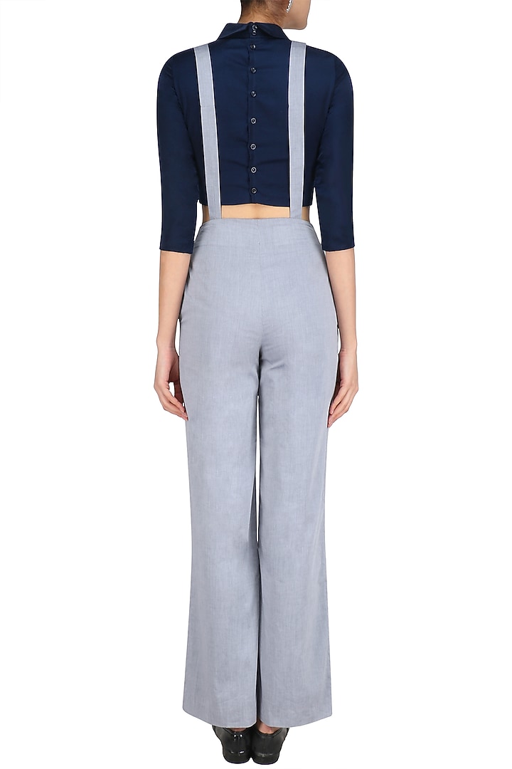 Navy blue peplum bow crop top with suspender trouser pants available only at Pernia's Pop Up Shop.
