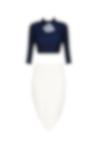 Navy blue peplum bow collared crop top with petal skirt available only at Pernia's Pop Up Shop.