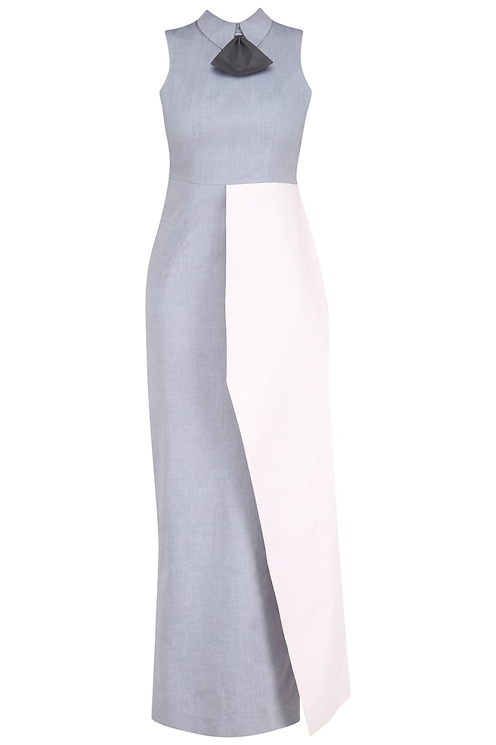 Grey and Powder Pink Peplum Bow Maxi Dress by The Circus by Sana Shah Bhattad