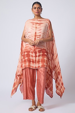 Red Silk Georgette Tie-Dye Printed Kaftan Set by CoralbySeema