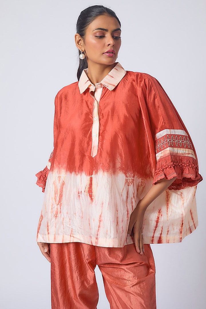 Red Pure Silk Hand-Dyed & Embroidered Oversized Kaftan by CoralbySeema at Pernia's Pop Up Shop