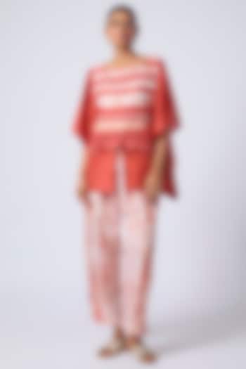 Red Pure Silk Tie-Dye & Embroidered Kaftan Set by CoralbySeema at Pernia's Pop Up Shop