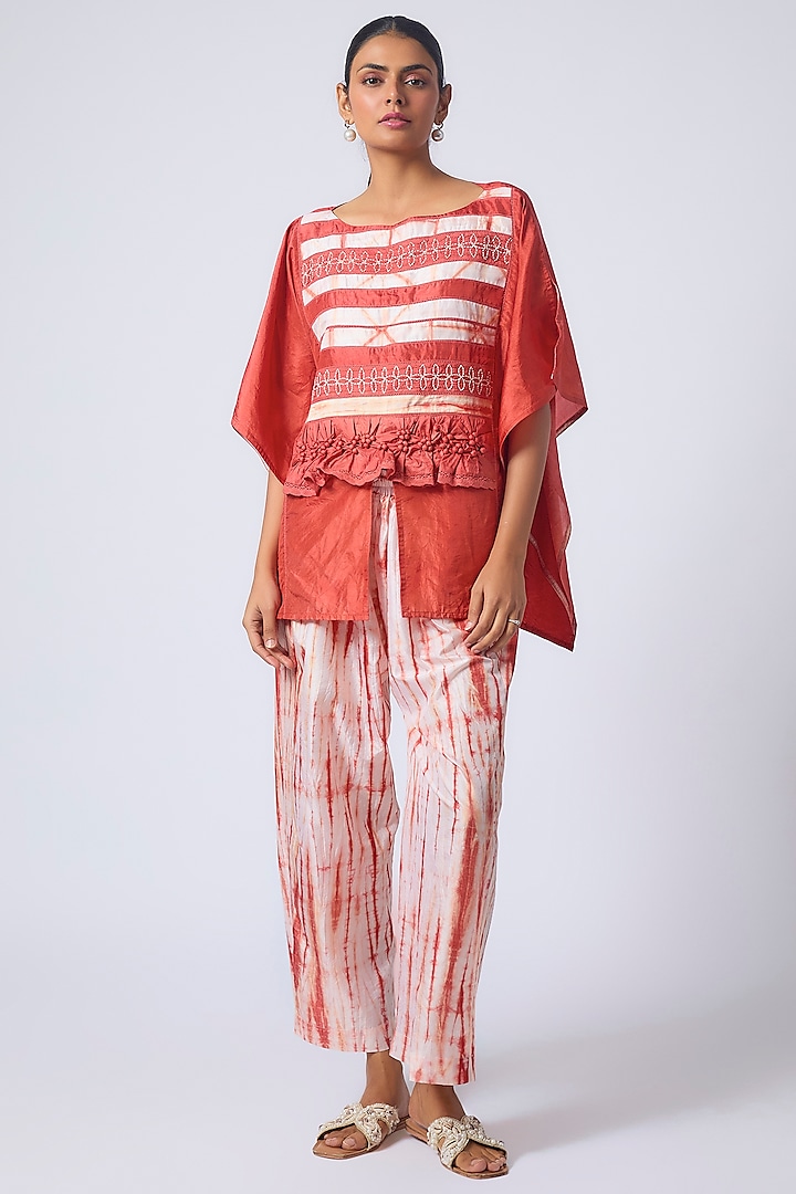 Red Pure Silk Tie-Dye & Embroidered Kaftan Set by CoralbySeema at Pernia's Pop Up Shop