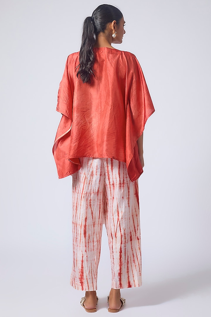 Red Pure Silk Tie-Dye & Embroidered Kaftan Set by CoralbySeema at Pernia's Pop Up Shop