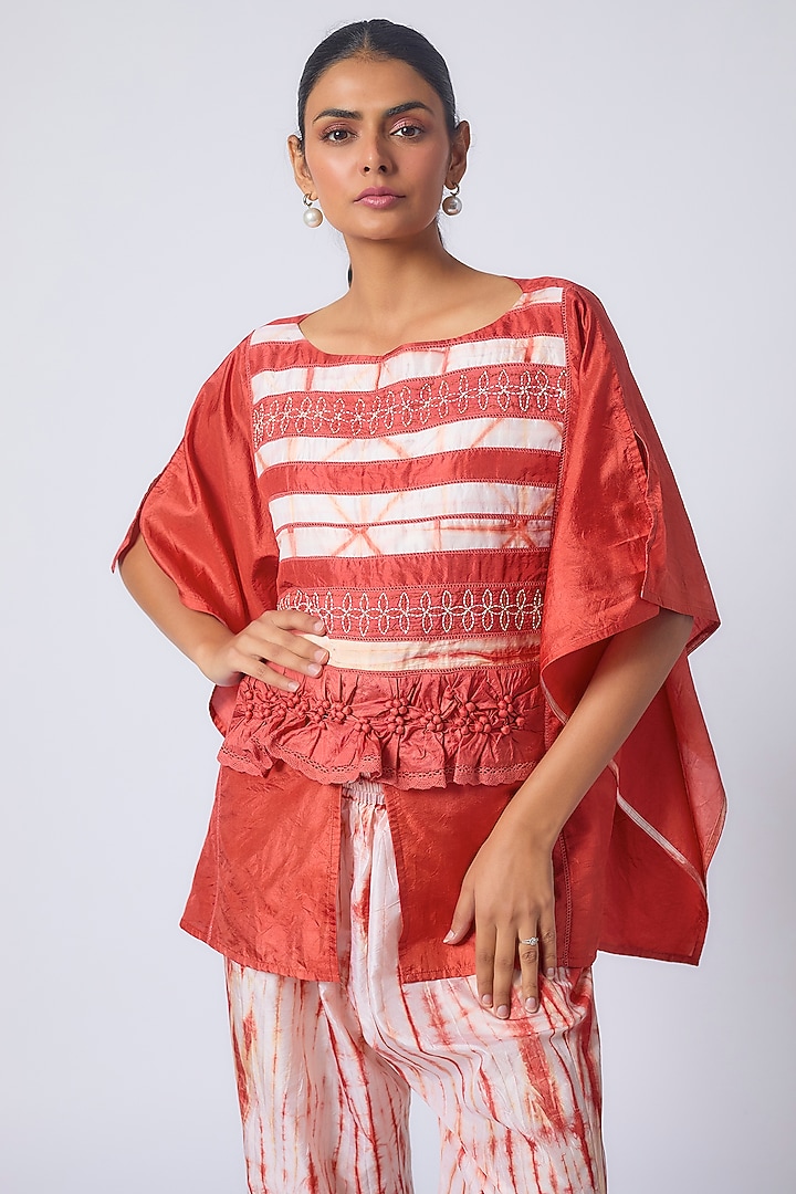 Red Pure Silk Tie-Dye & Embroidered Kaftan Set by CoralbySeema at Pernia's Pop Up Shop