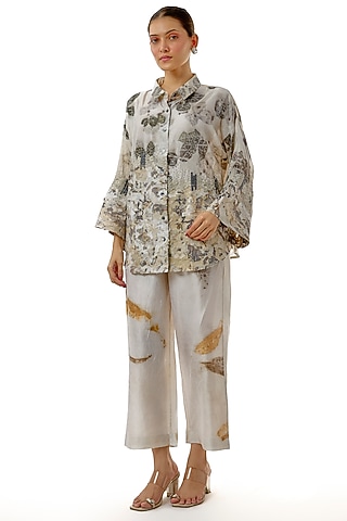 Grey Hand-Dyed Silk Printed Co-Ord Set by CoralbySeema