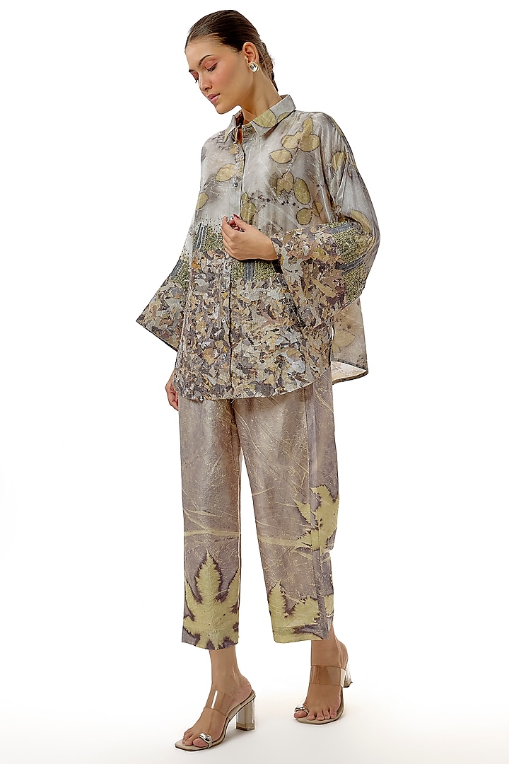 Grey Hand-Dyed Silk Printed & Zardosi Work Co-Ord Set by CoralbySeema at Pernia's Pop Up Shop