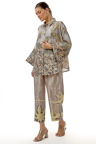 Grey Hand-Dyed Silk Printed & Zardosi Work Co-Ord Set by CoralbySeema