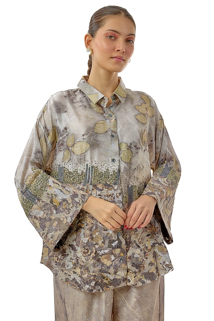 Grey Hand-Dyed Silk Printed & Zardosi Work Co-Ord Set by CoralbySeema at Pernia's Pop Up Shop
