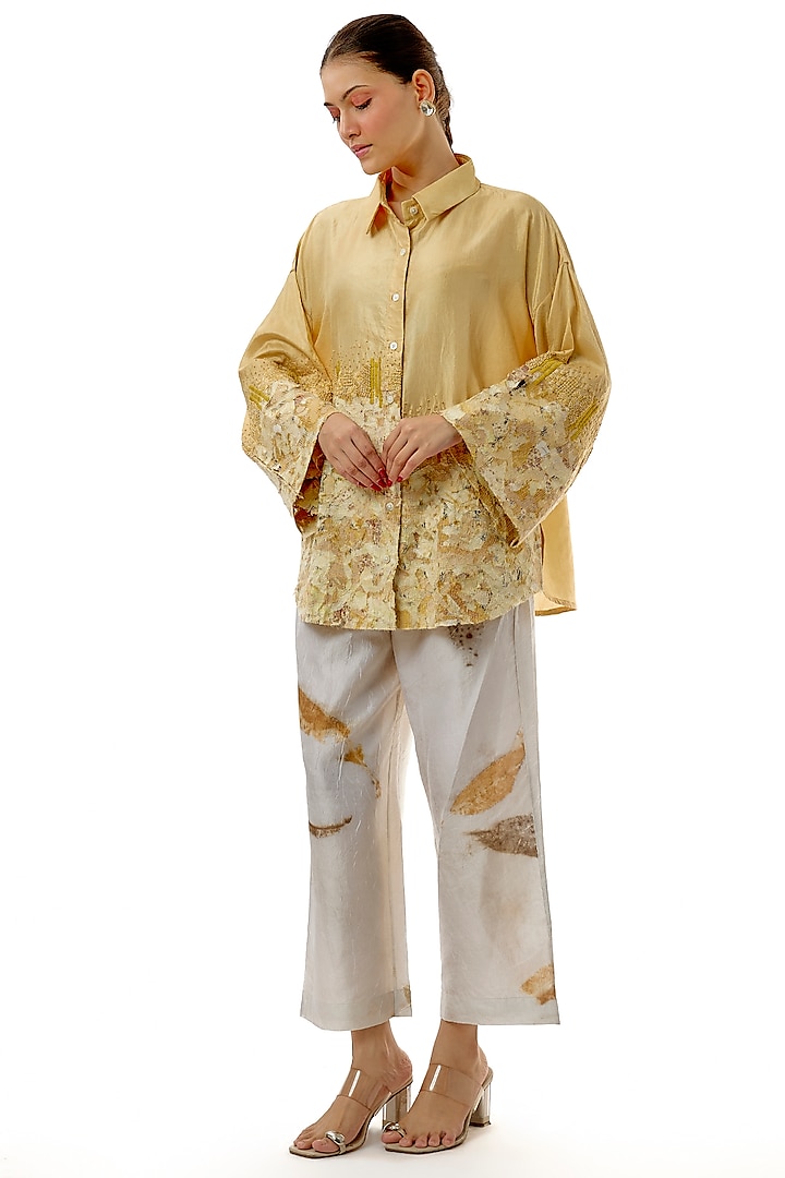 Yellow Hand-Dyed Silk Thread Zardosi Work Shirt by CoralbySeema at Pernia's Pop Up Shop