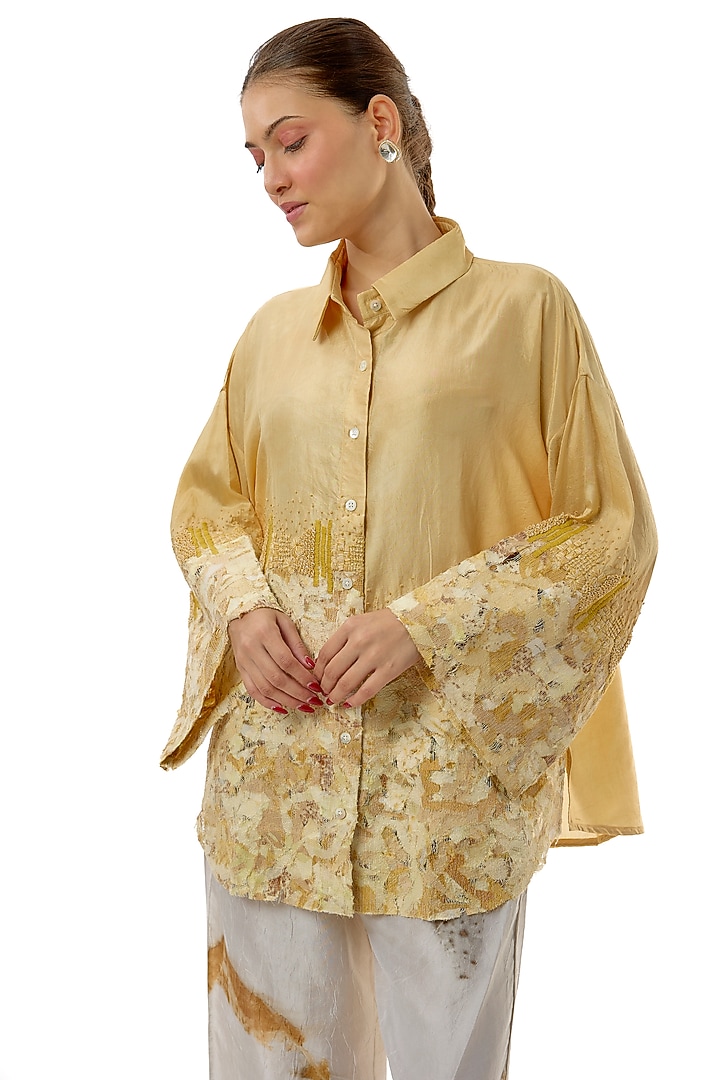 Yellow Hand-Dyed Silk Thread Zardosi Work Shirt by CoralbySeema at Pernia's Pop Up Shop