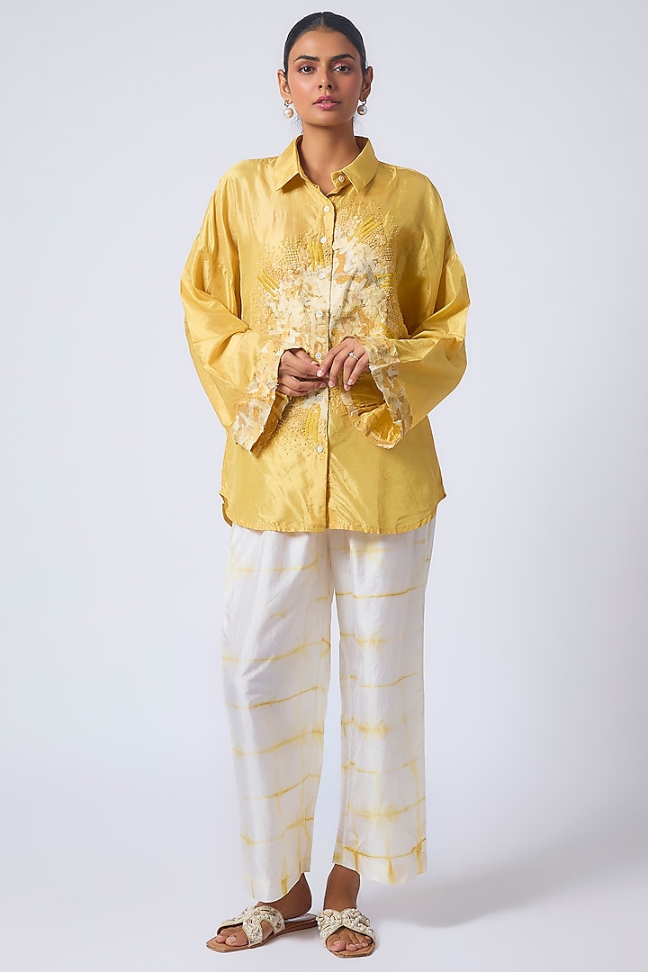 Yellow Silk Hand-Dyed Printed Co-Ord Set by CoralbySeema at Pernia's Pop Up Shop