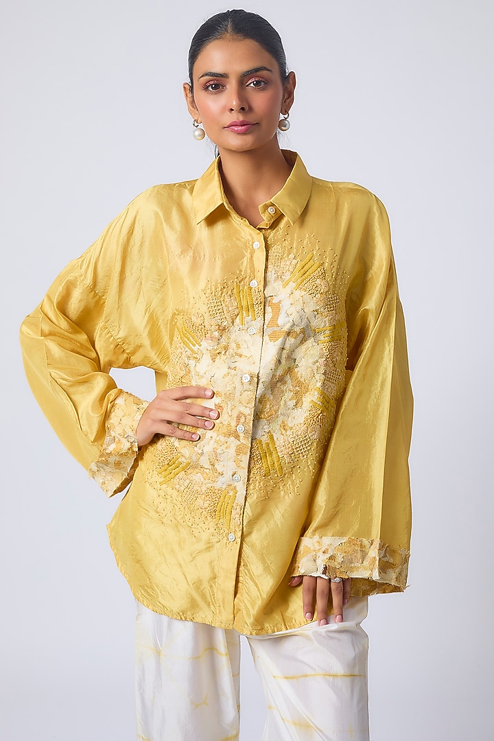 Yellow Silk Hand-Dyed Printed Co-Ord Set by CoralbySeema at Pernia's Pop Up Shop