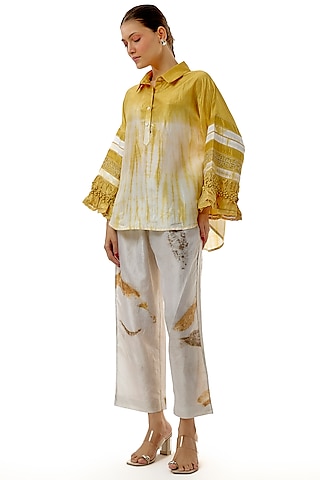 Yellow Pure Silk Hand Embroidered Shirt by CoralbySeema