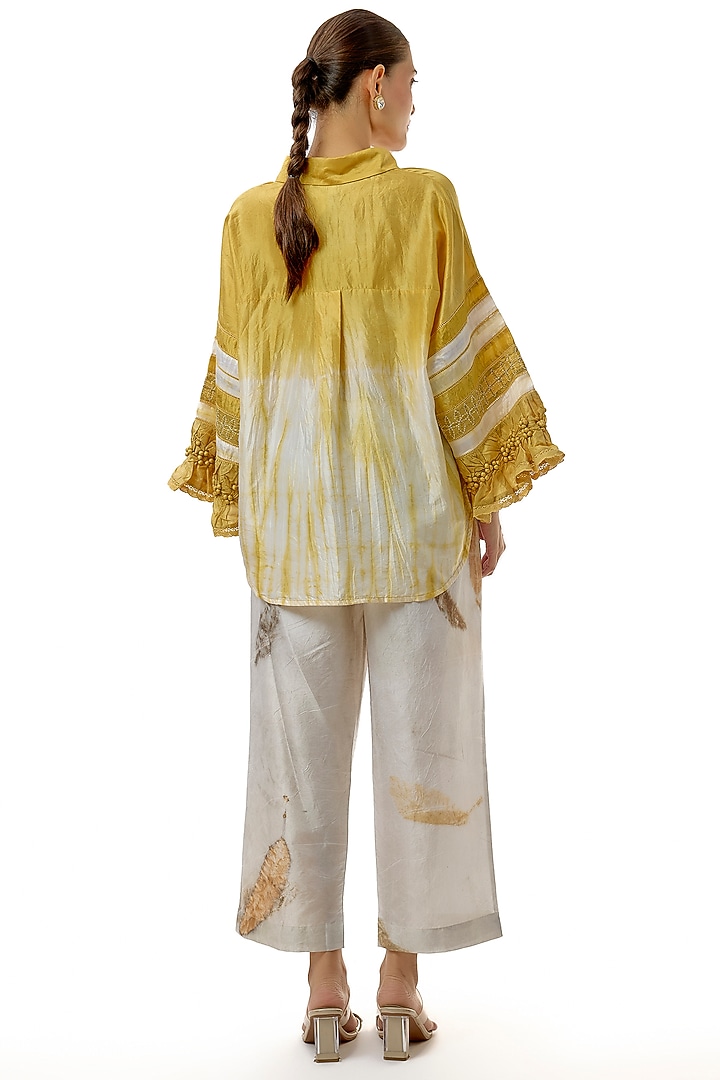 Yellow Pure Silk Hand Embroidered Shirt by CoralbySeema at Pernia's Pop Up Shop