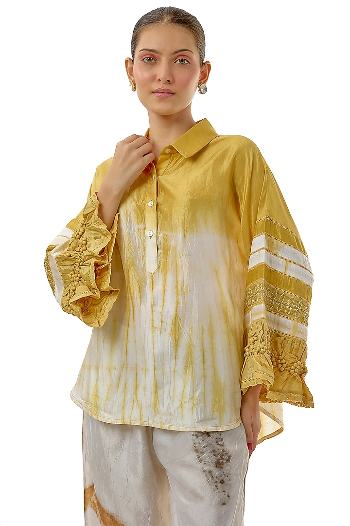 Yellow Pure Silk Hand Embroidered Shirt by CoralbySeema at Pernia's Pop Up Shop
