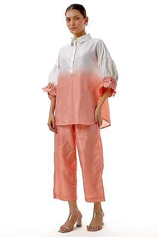 Peach Silk Embellished Hand-Dyed Co-Ord Set by CoralbySeema