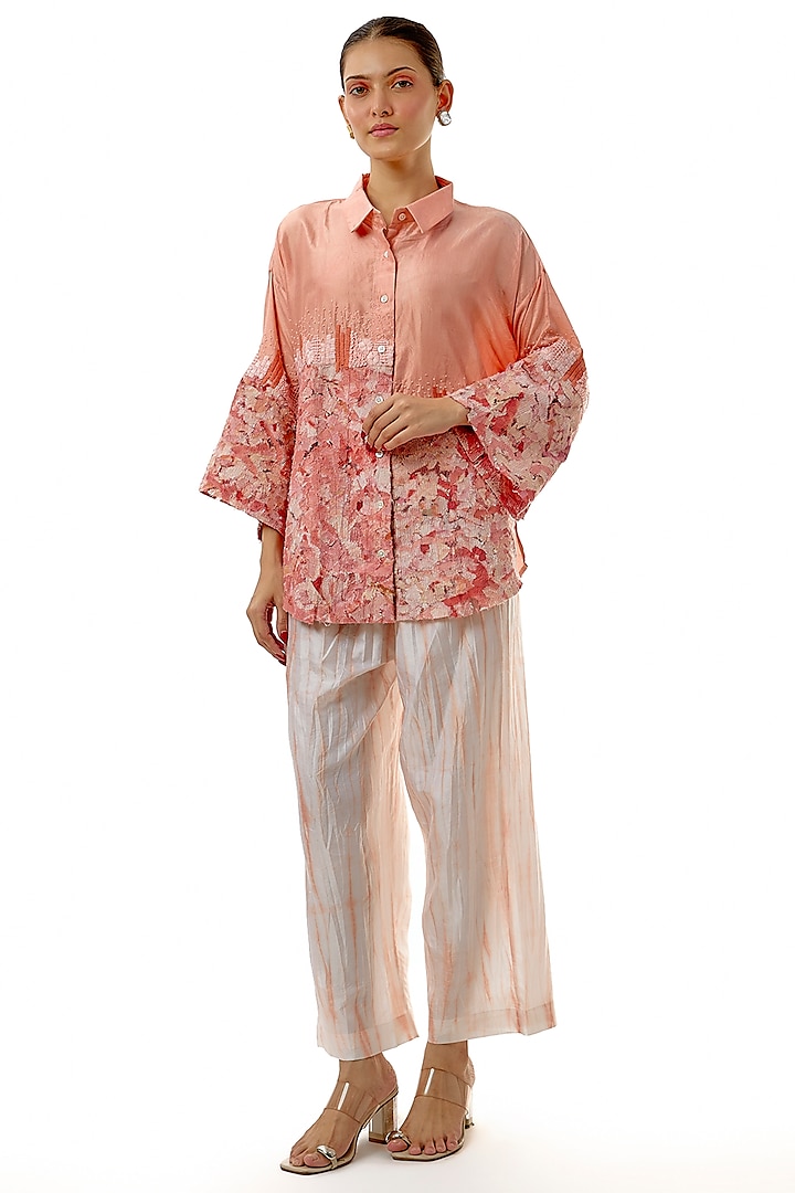 Peach Hand-Dyed Silk Thread Zardosi Work Co-Ord Set by CoralbySeema at Pernia's Pop Up Shop