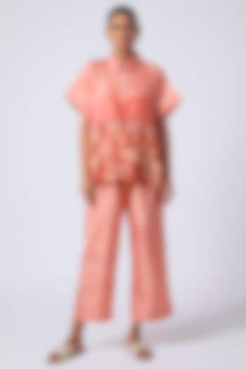Peach Silk Hand-Dyed Printed Co-Ord Set by CoralbySeema at Pernia's Pop Up Shop