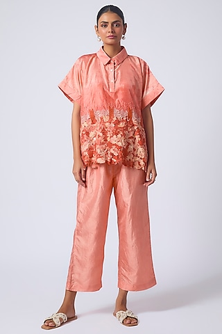Peach Silk Hand-Dyed Printed Co-Ord Set by CoralbySeema