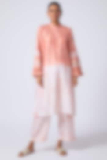 Peach Pure Silk Tie-Dye Printed & Embroidered Kurta Set by CoralbySeema at Pernia's Pop Up Shop