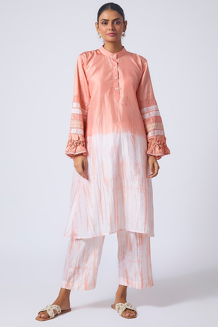 Peach Pure Silk Tie-Dye Printed & Embroidered Kurta Set by CoralbySeema at Pernia's Pop Up Shop