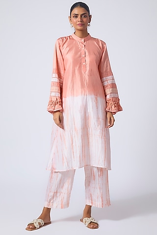 Peach Pure Silk Tie-Dye Printed & Embroidered Kurta Set by CoralbySeema