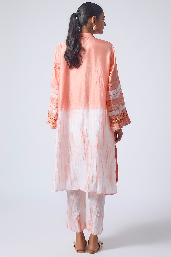 Peach Pure Silk Tie-Dye Printed & Embroidered Kurta Set by CoralbySeema at Pernia's Pop Up Shop