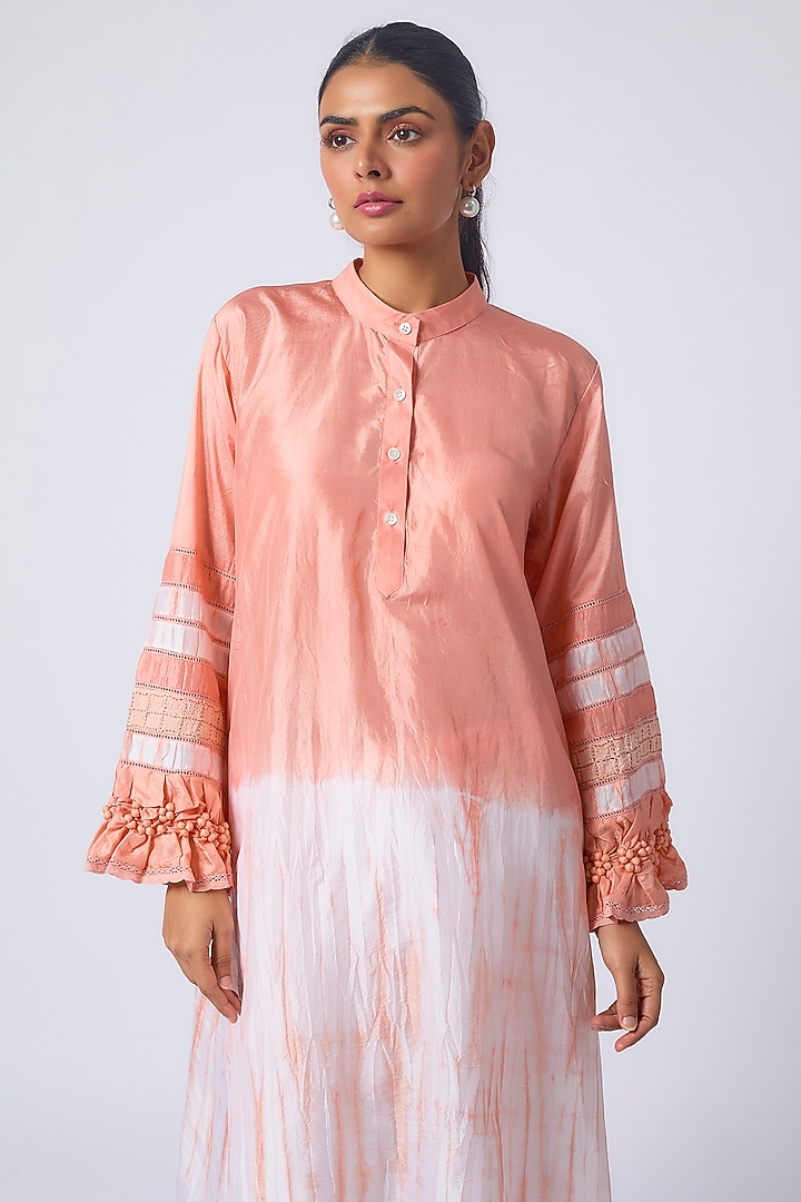 Peach Pure Silk Tie-Dye Printed & Embroidered Kurta Set by CoralbySeema at Pernia's Pop Up Shop