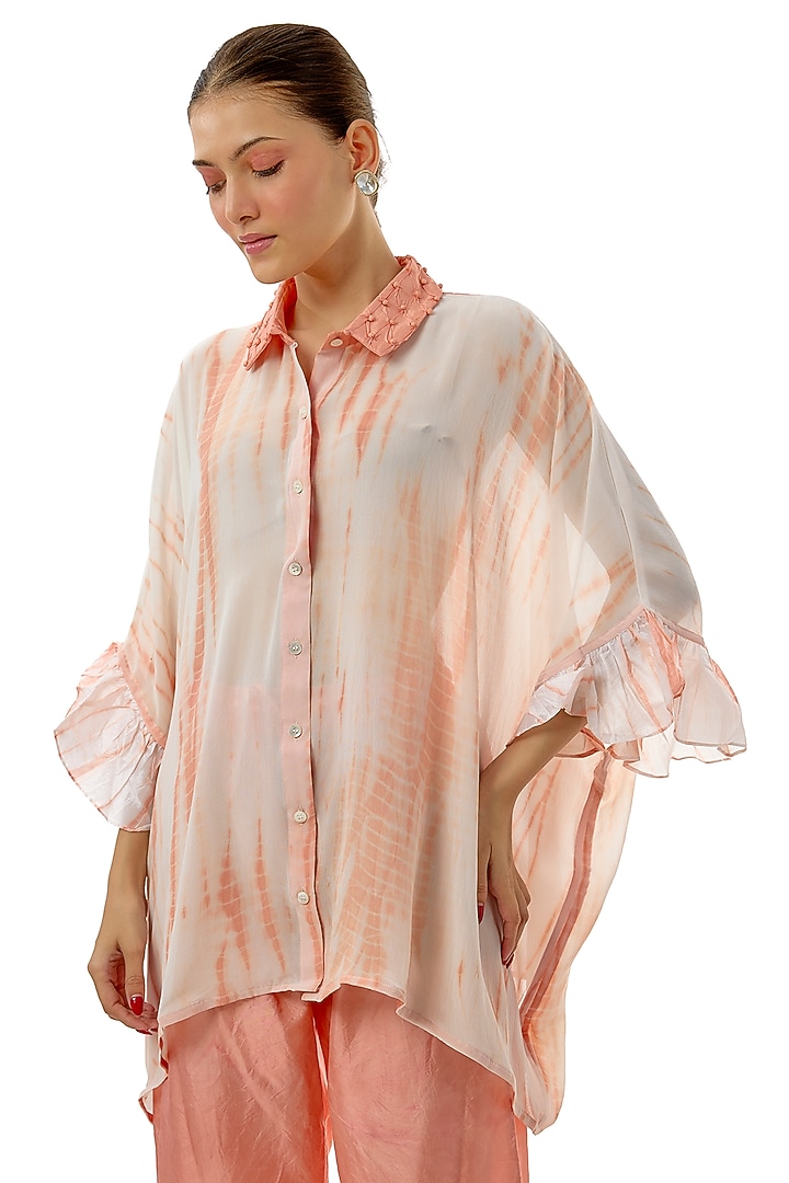 Peach Silk Georgette & Mulberry Silk Co-Ord Set by CoralbySeema at Pernia's Pop Up Shop