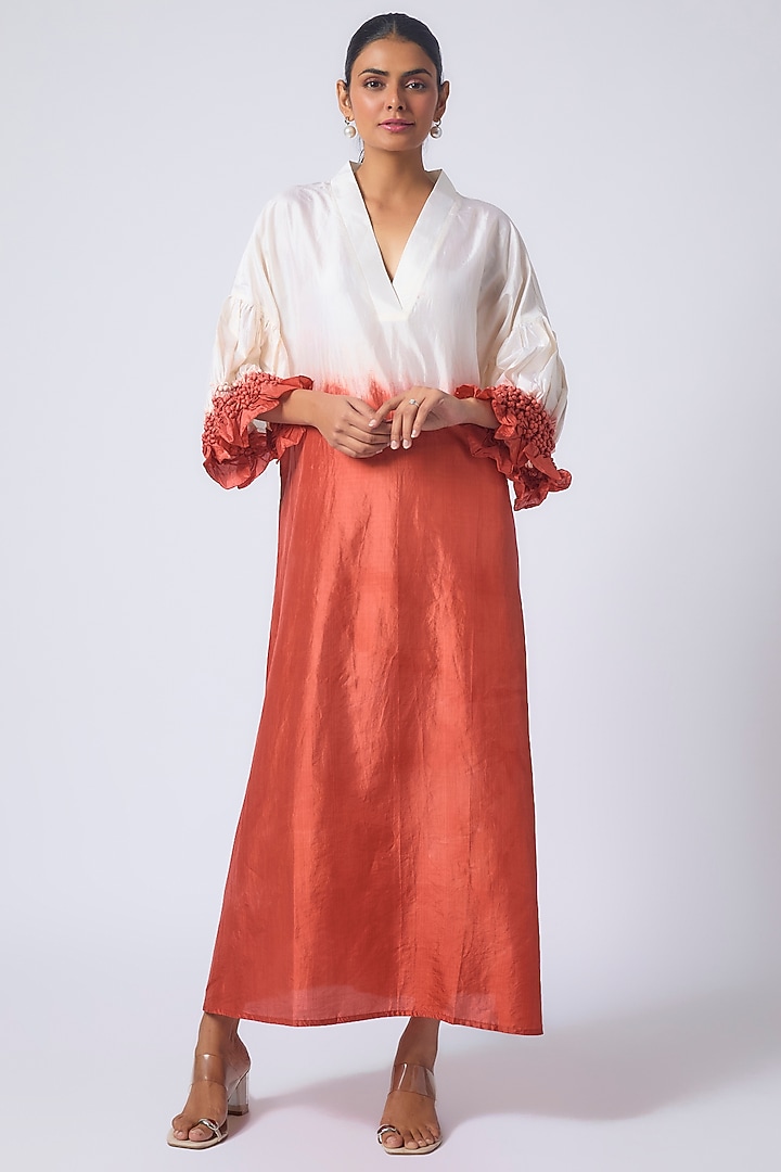 Red Mulberry Silk Hand-Dyed Printed Vacation Dress by CoralbySeema at Pernia's Pop Up Shop
