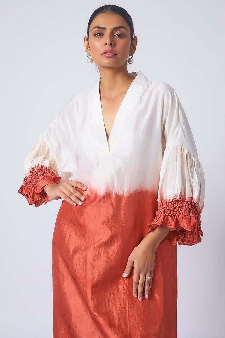Red Mulberry Silk Hand-Dyed Printed Vacation Dress by CoralbySeema at Pernia's Pop Up Shop