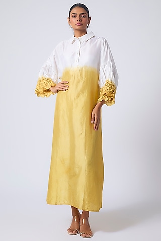 Yellow Mulberry Silk Hand-Dyed Printed Dress by CoralbySeema