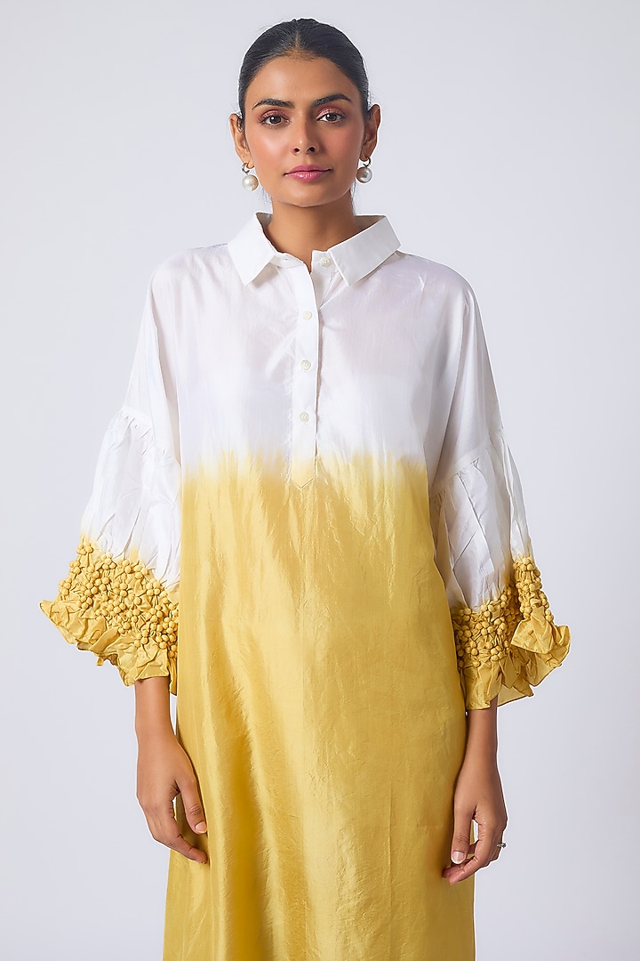 Yellow Mulberry Silk Hand-Dyed Printed Vacation Dress by CoralbySeema at Pernia's Pop Up Shop