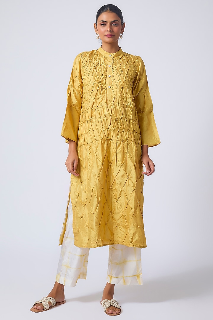 Yellow Mulberry Silk Kurta Set by CoralbySeema at Pernia's Pop Up Shop