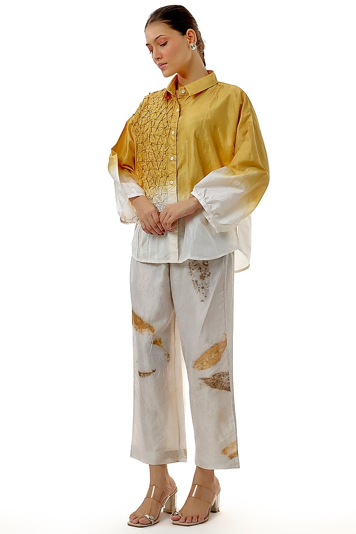 Yellow Silk Embellished Shirt by CoralbySeema at Pernia's Pop Up Shop