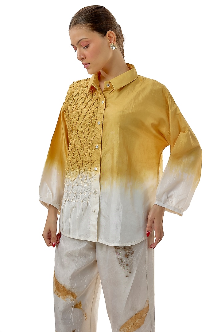 Yellow Silk Embellished Shirt by CoralbySeema at Pernia's Pop Up Shop