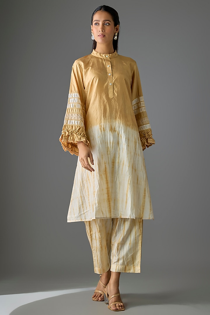 Beige Silk Kurta Set by CoralbySeema at Pernia's Pop Up Shop