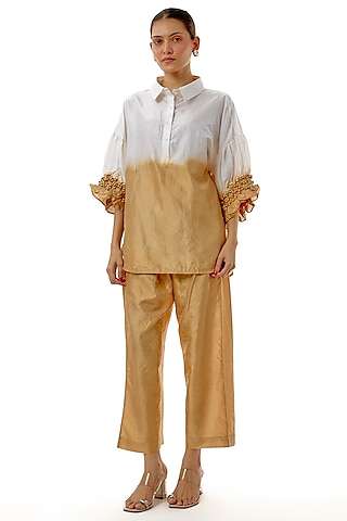 Beige Silk Embellished Hand-Dyed Co-Ord Set by CoralbySeema