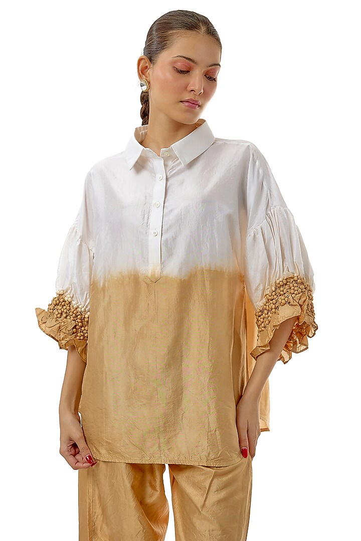 Beige Silk Embellished Hand-Dyed Co-Ord Set by CoralbySeema at Pernia's Pop Up Shop