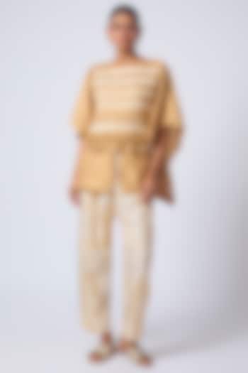 Beige Pure Silk Tie-Dye & Embroidered Kaftan Set by CoralbySeema at Pernia's Pop Up Shop