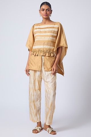 Beige Pure Silk Tie-Dye & Embroidered Kaftan Set by CoralbySeema