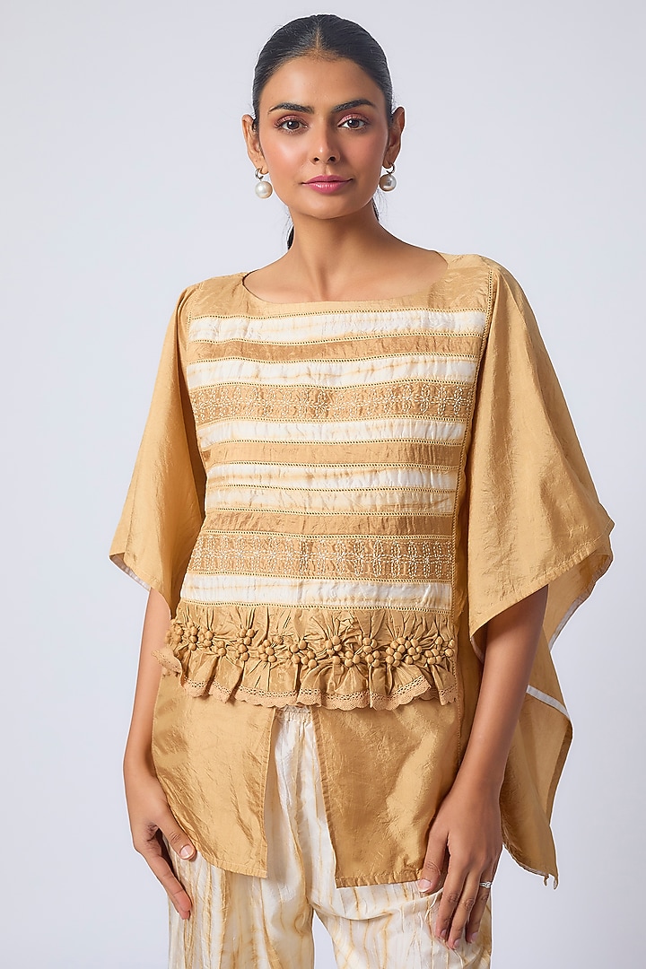 Beige Pure Silk Tie-Dye & Embroidered Kaftan Set by CoralbySeema at Pernia's Pop Up Shop